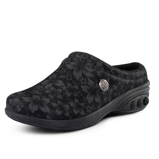 Therafit Molly Women's Leather Clog - Black/Grey Flowers